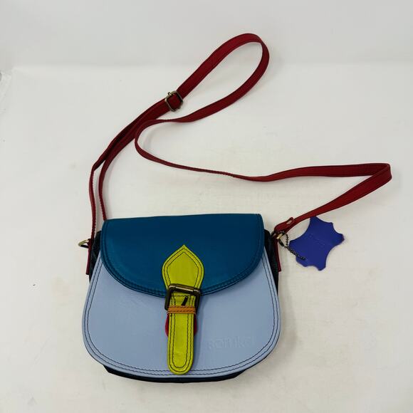 Soruka Colorblock Leather Crossbody Bag Blue Red Green Adjustable Strap Artisan - Picture 12 of 12